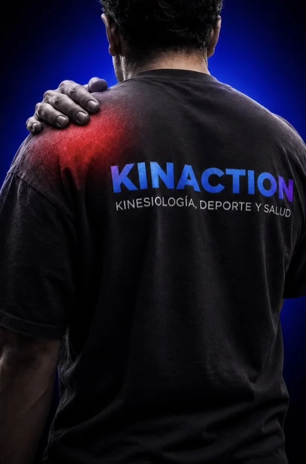 Espalda de una persona con polera de Kinaction, con la mano en el hombro
